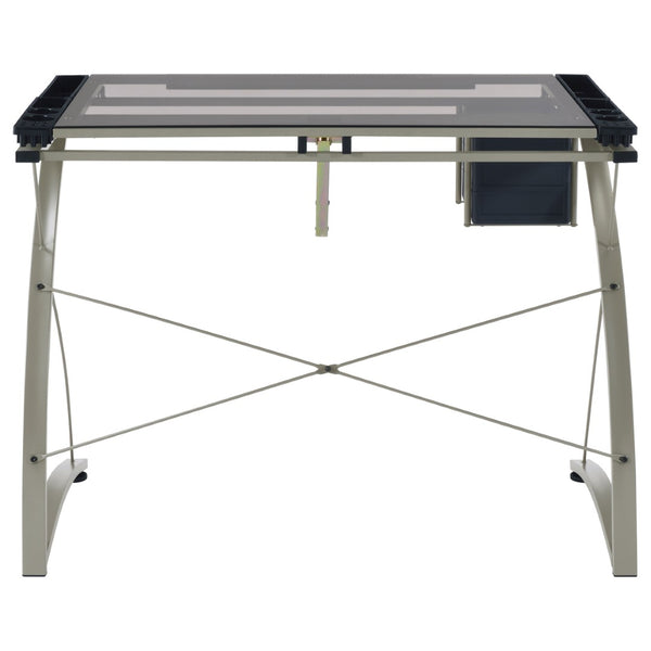 English Elm Silver Metal Drafting Desk with Tempered Glass Top and Built-in Supply Storage B062P522010