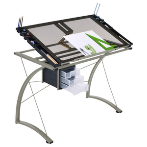 English Elm Silver Metal Drafting Desk with Tempered Glass Top and Built-in Supply Storage B062P522010