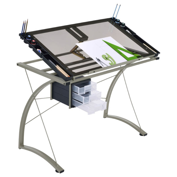 English Elm Silver Metal Drafting Desk with Tempered Glass Top and Built-in Supply Storage B062P522010