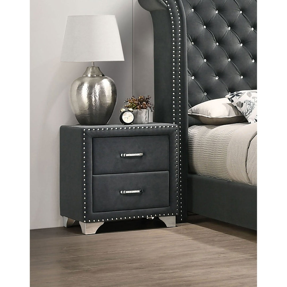 English Elm Grey Velvet Glam Nightstand with Crystal Chrome Pulls Nailhead Trim and Tapered Legs B062P522011