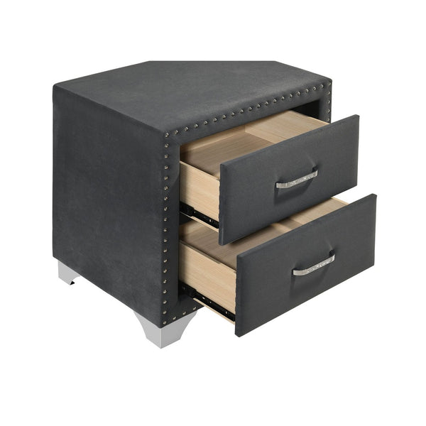 English Elm Grey Velvet Glam Nightstand with Crystal Chrome Pulls Nailhead Trim and Tapered Legs B062P522011
