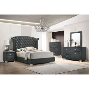 English Elm Grey Velvet Glam Nightstand with Crystal Chrome Pulls Nailhead Trim and Tapered Legs B062P522011