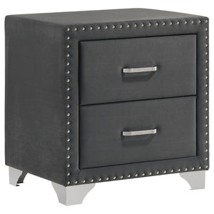 English Elm Grey Velvet Glam Nightstand with Crystal Chrome Pulls Nailhead Trim and Tapered Legs B062P522011