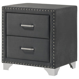English Elm Grey Velvet Glam Nightstand with Crystal Chrome Pulls Nailhead Trim and Tapered Legs B062P522011