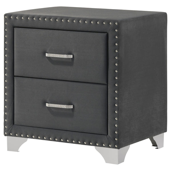 English Elm Grey Velvet Glam Nightstand with Crystal Chrome Pulls Nailhead Trim and Tapered Legs B062P522011