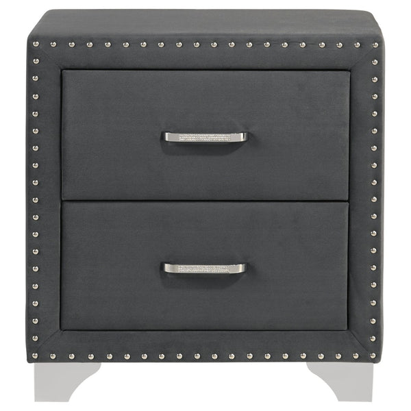 English Elm Grey Velvet Glam Nightstand with Crystal Chrome Pulls Nailhead Trim and Tapered Legs B062P522011