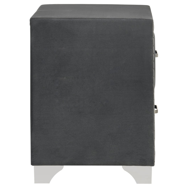 English Elm Grey Velvet Glam Nightstand with Crystal Chrome Pulls Nailhead Trim and Tapered Legs B062P522011
