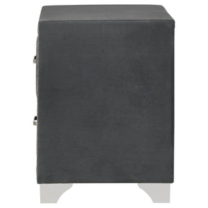 English Elm Grey Velvet Glam Nightstand with Crystal Chrome Pulls Nailhead Trim and Tapered Legs B062P522011