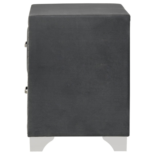 English Elm Grey Velvet Glam Nightstand with Crystal Chrome Pulls Nailhead Trim and Tapered Legs B062P522011