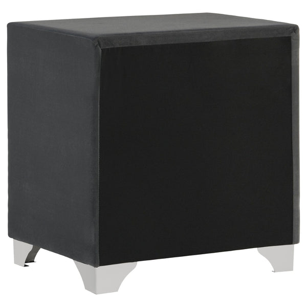 English Elm Grey Velvet Glam Nightstand with Crystal Chrome Pulls Nailhead Trim and Tapered Legs B062P522011