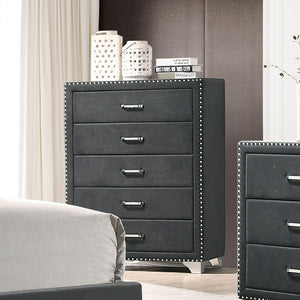 English Elm Grey Velvet Five Drawer Chest with Crystal Pulls Nailhead Trim and Chrome Legs B062P522012