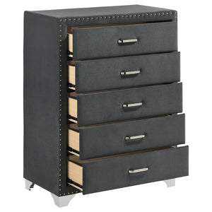 English Elm Grey Velvet Five Drawer Chest with Crystal Pulls Nailhead Trim and Chrome Legs B062P522012