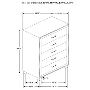 English Elm Grey Velvet Five Drawer Chest with Crystal Pulls Nailhead Trim and Chrome Legs B062P522012