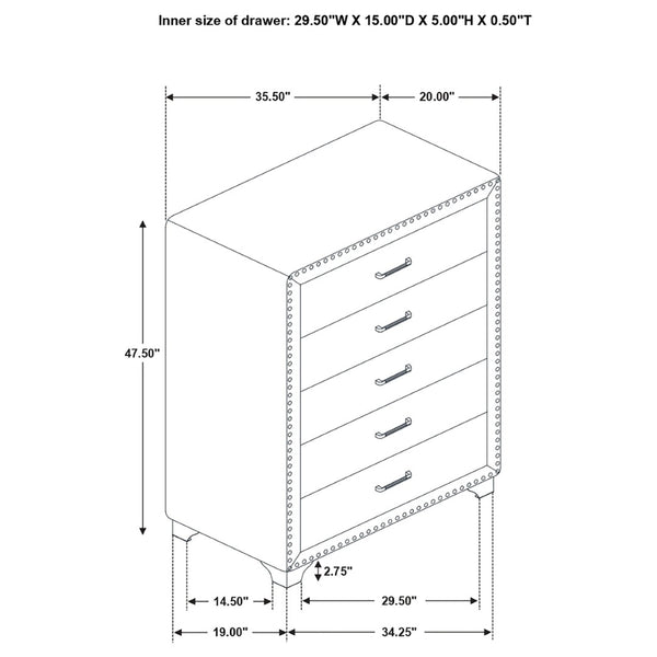 English Elm Grey Velvet Five Drawer Chest with Crystal Pulls Nailhead Trim and Chrome Legs B062P522012