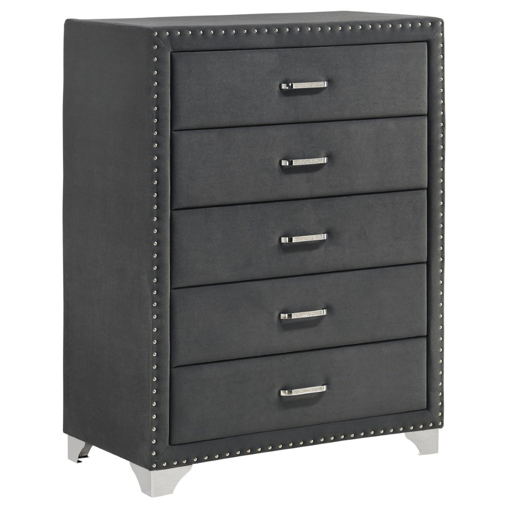 English Elm Grey Velvet Five Drawer Chest with Crystal Pulls Nailhead Trim and Chrome Legs B062P522012