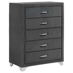 English Elm Grey Velvet Five Drawer Chest with Crystal Pulls Nailhead Trim and Chrome Legs B062P522012