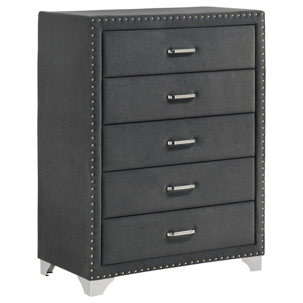 English Elm Grey Velvet Five Drawer Chest with Crystal Pulls Nailhead Trim and Chrome Legs B062P522012