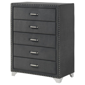 English Elm Grey Velvet Five Drawer Chest with Crystal Pulls Nailhead Trim and Chrome Legs B062P522012