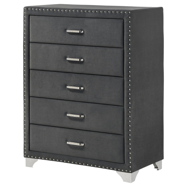 English Elm Grey Velvet Five Drawer Chest with Crystal Pulls Nailhead Trim and Chrome Legs B062P522012