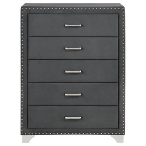English Elm Grey Velvet Five Drawer Chest with Crystal Pulls Nailhead Trim and Chrome Legs B062P522012