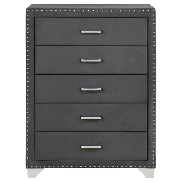 English Elm Grey Velvet Five Drawer Chest with Crystal Pulls Nailhead Trim and Chrome Legs B062P522012