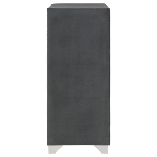 English Elm Grey Velvet Five Drawer Chest with Crystal Pulls Nailhead Trim and Chrome Legs B062P522012