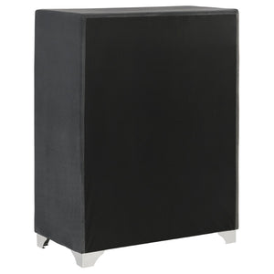 English Elm Grey Velvet Five Drawer Chest with Crystal Pulls Nailhead Trim and Chrome Legs B062P522012