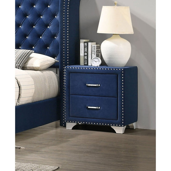 English Elm Pacific Blue Velvet Nightstand with Crystal Pulls Nailhead Trim and Chrome Legs B062P522013