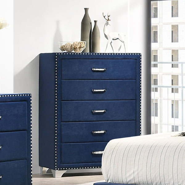 English Elm Pacific Blue Velvet Five Drawer Chest with Crystal Pulls and Chrome Nailhead Trim B062P522014