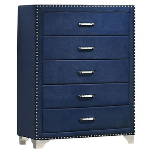 English Elm Pacific Blue Velvet Five Drawer Chest with Crystal Pulls and Chrome Nailhead Trim B062P522014