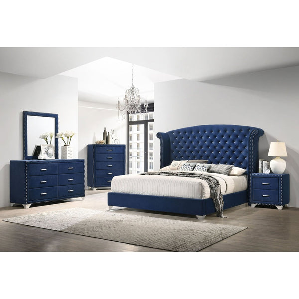 English Elm Pacific Blue Velvet Five Drawer Chest with Crystal Pulls and Chrome Nailhead Trim B062P522014