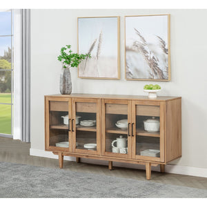 English Elm Natural Oak Veneer Sideboard with Glass Front Doors Felt Lined Drawers Mid Century B062P522022