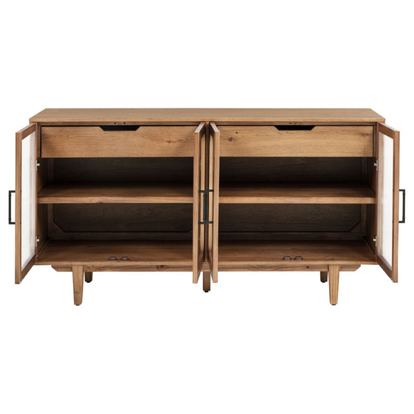 English Elm Natural Oak Veneer Sideboard with Glass Front Doors Felt Lined Drawers Mid Century B062P522022