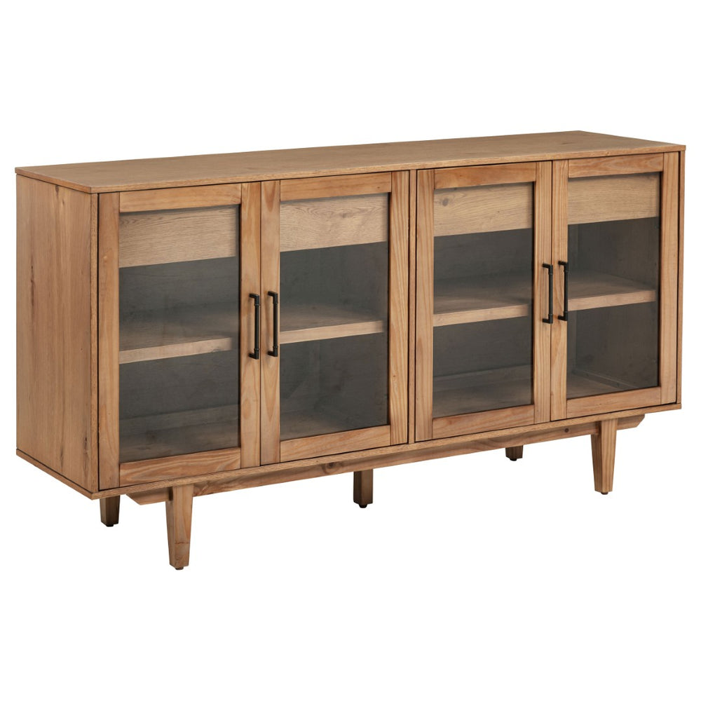 English Elm Natural Oak Veneer Sideboard with Glass Front Doors Felt Lined Drawers Mid Century B062P522022