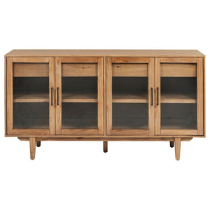English Elm Natural Oak Veneer Sideboard with Glass Front Doors Felt Lined Drawers Mid Century B062P522022