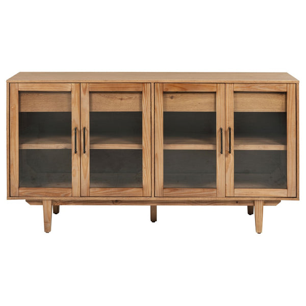 English Elm Natural Oak Veneer Sideboard with Glass Front Doors Felt Lined Drawers Mid Century B062P522022