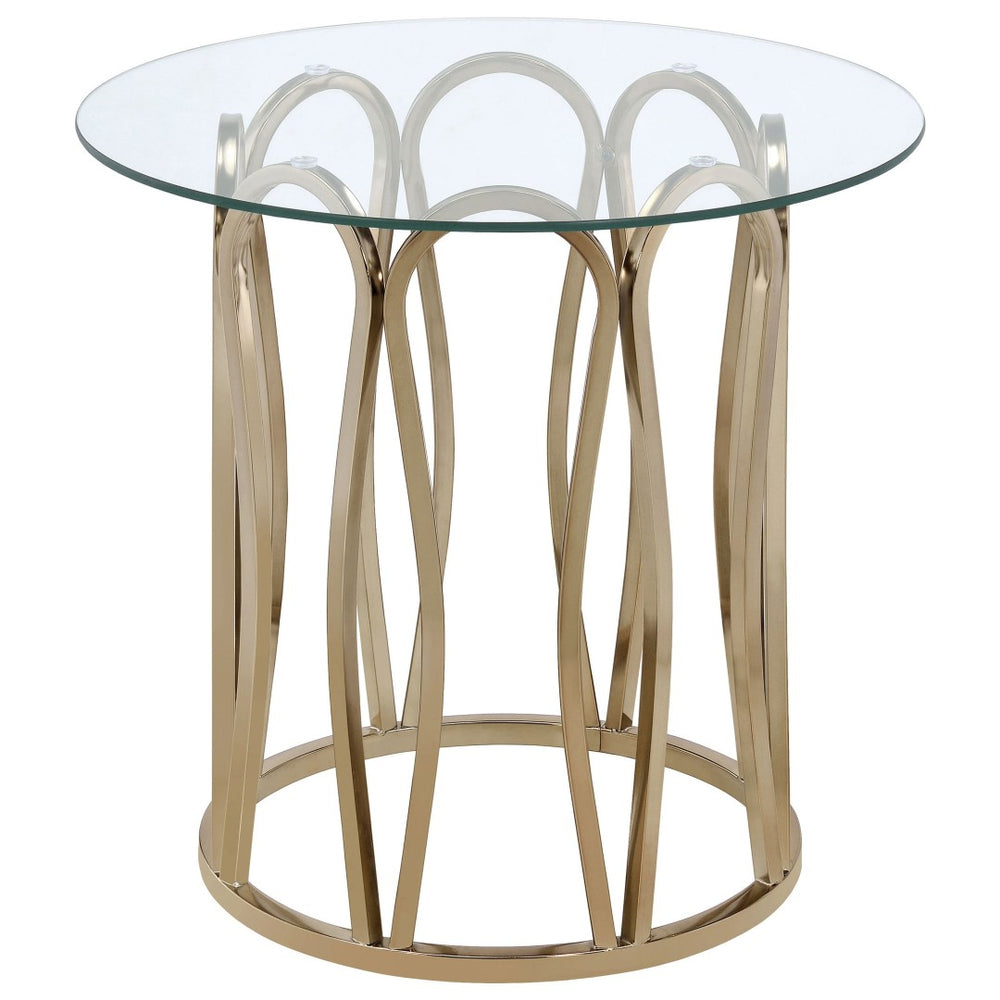 English Elm Chocolate Chrome Loop Base Round Glass Side Table for Living Room Accent Decor B062P522023