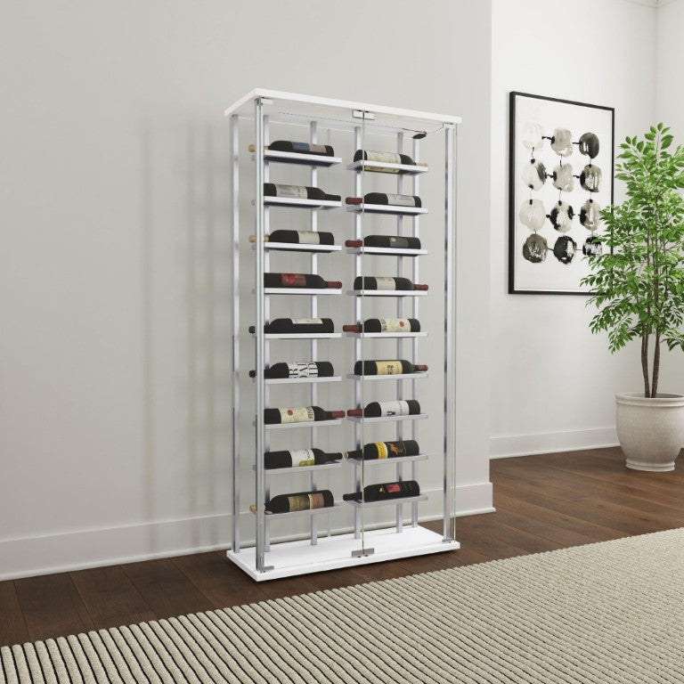 English Elm Chrome Glass Wine Cabinet with LED Lighting for 18 Bottles in Modern Dining Spaces B062P522024