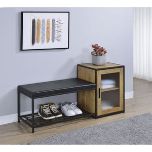 English Elm Mango Wood Entryway Bench with Cushioned Seat Cabinet and Open Slatted Shoe Shelf B062P522303