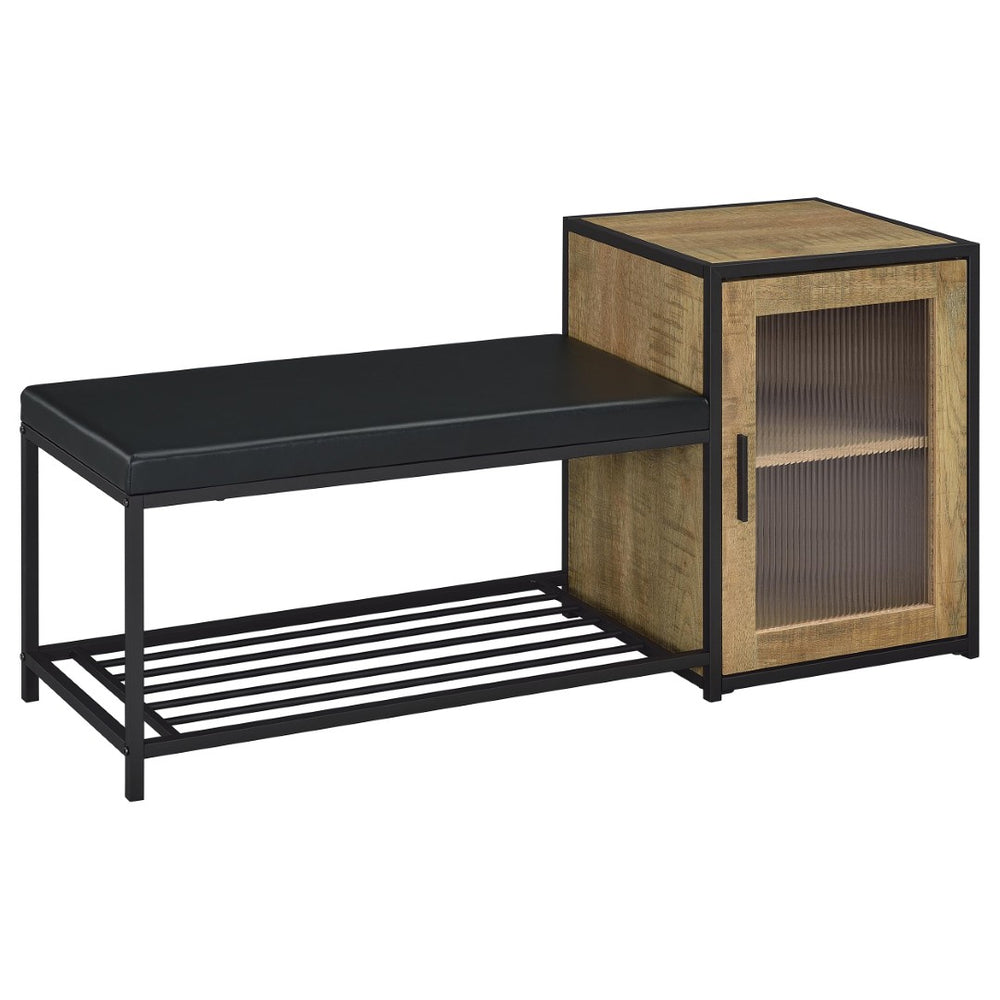 English Elm Mango Wood Entryway Bench with Cushioned Seat Cabinet and Open Slatted Shoe Shelf B062P522303