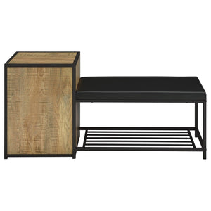 English Elm Mango Wood Entryway Bench with Cushioned Seat Cabinet and Open Slatted Shoe Shelf B062P522303