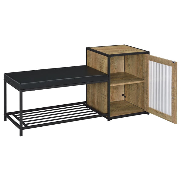 English Elm Mango Wood Entryway Bench with Cushioned Seat Cabinet and Open Slatted Shoe Shelf B062P522303