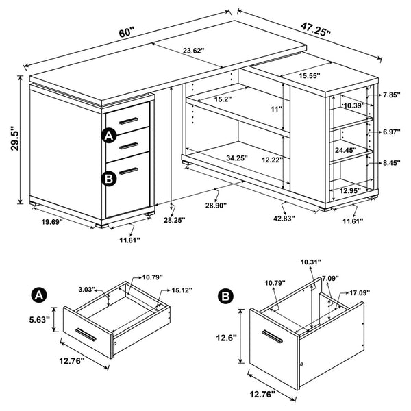 English Elm Caelum Corner L-shaped Home Office Desk with Three Drawers and Warm Mango Finish B062P523409