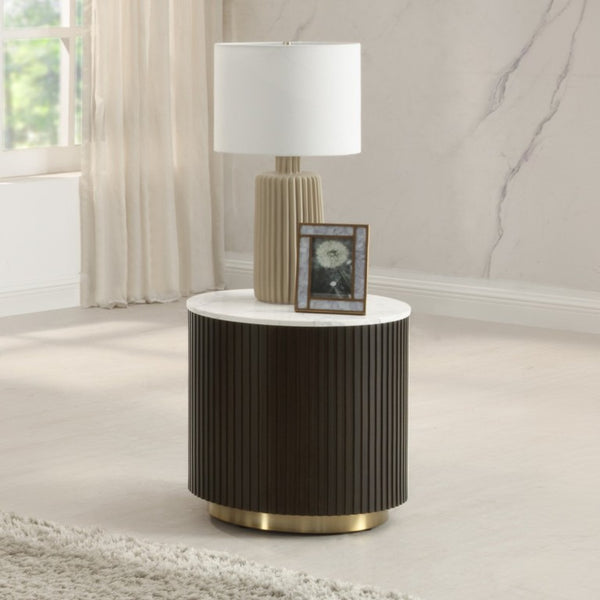 English Elm Kensington Fluted Drum End Table with Engineered Marble Top for Living Rooms B062P580127
