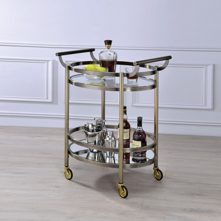 English Elm Vanderbilt Bronze Metal Bar Cart with Tempered Glass and Mirrored Shelf on Wheels B062P580129