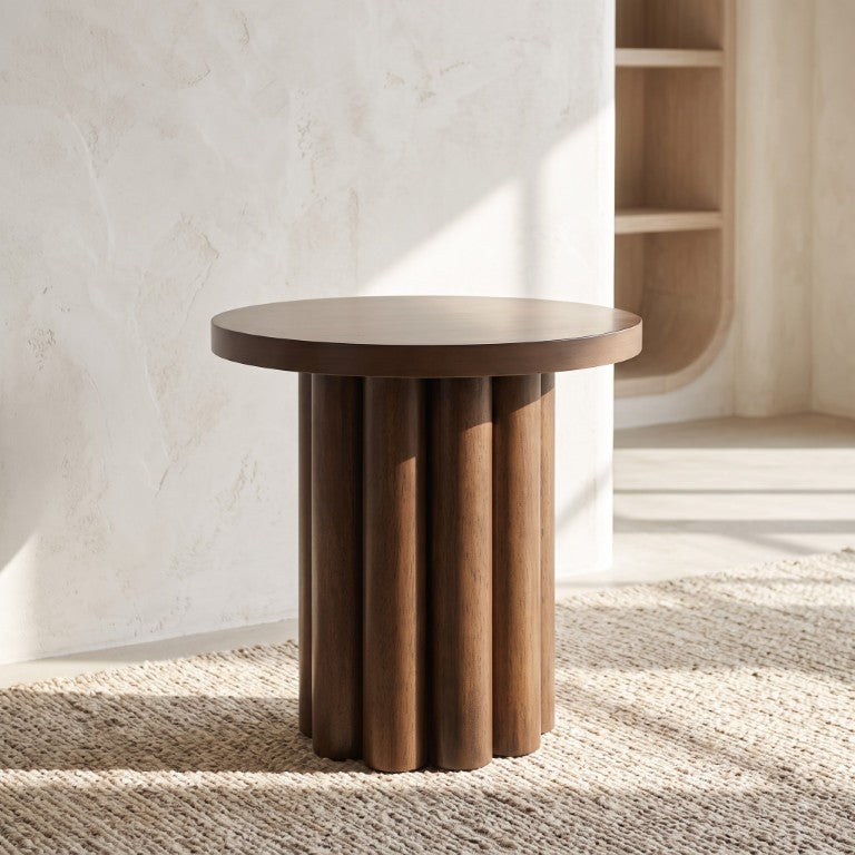 English Elm Sanat Birch Veneer Round End Table with Fluted Pedestal Base for Modern Living Rooms B062P580134