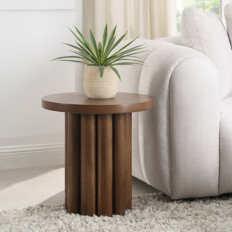 English Elm Sanat Birch Veneer Round End Table with Fluted Pedestal Base for Modern Living Rooms B062P580134