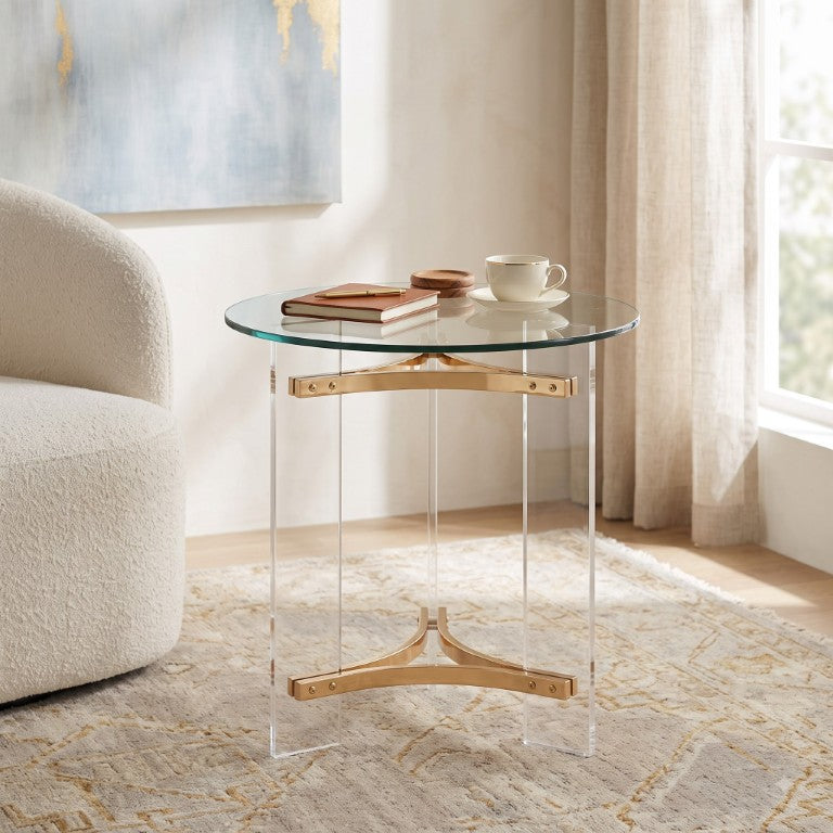 English Elm Aurora Glam Round Side Table with Tempered Glass Top and Acrylic Legs for Living Room B062P580137