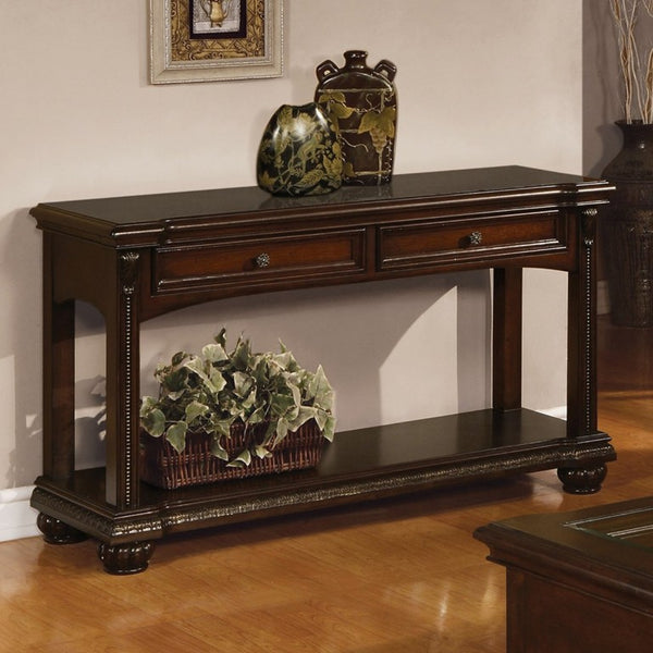 English Elm Briarwood Cherry Veneer Sofa Table with Carved Bun Feet and Two Storage Drawers B062P580138