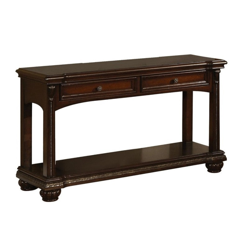 English Elm Briarwood Cherry Veneer Sofa Table with Carved Bun Feet and Two Storage Drawers B062P580138